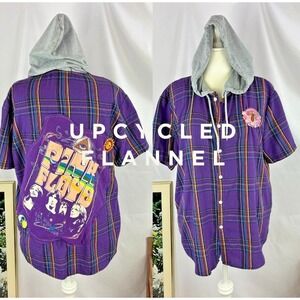 Pink Floyd Tshirt UPCYCLED Flannel Hoodie Short Sleeve XL Mushroom Patch Hippie